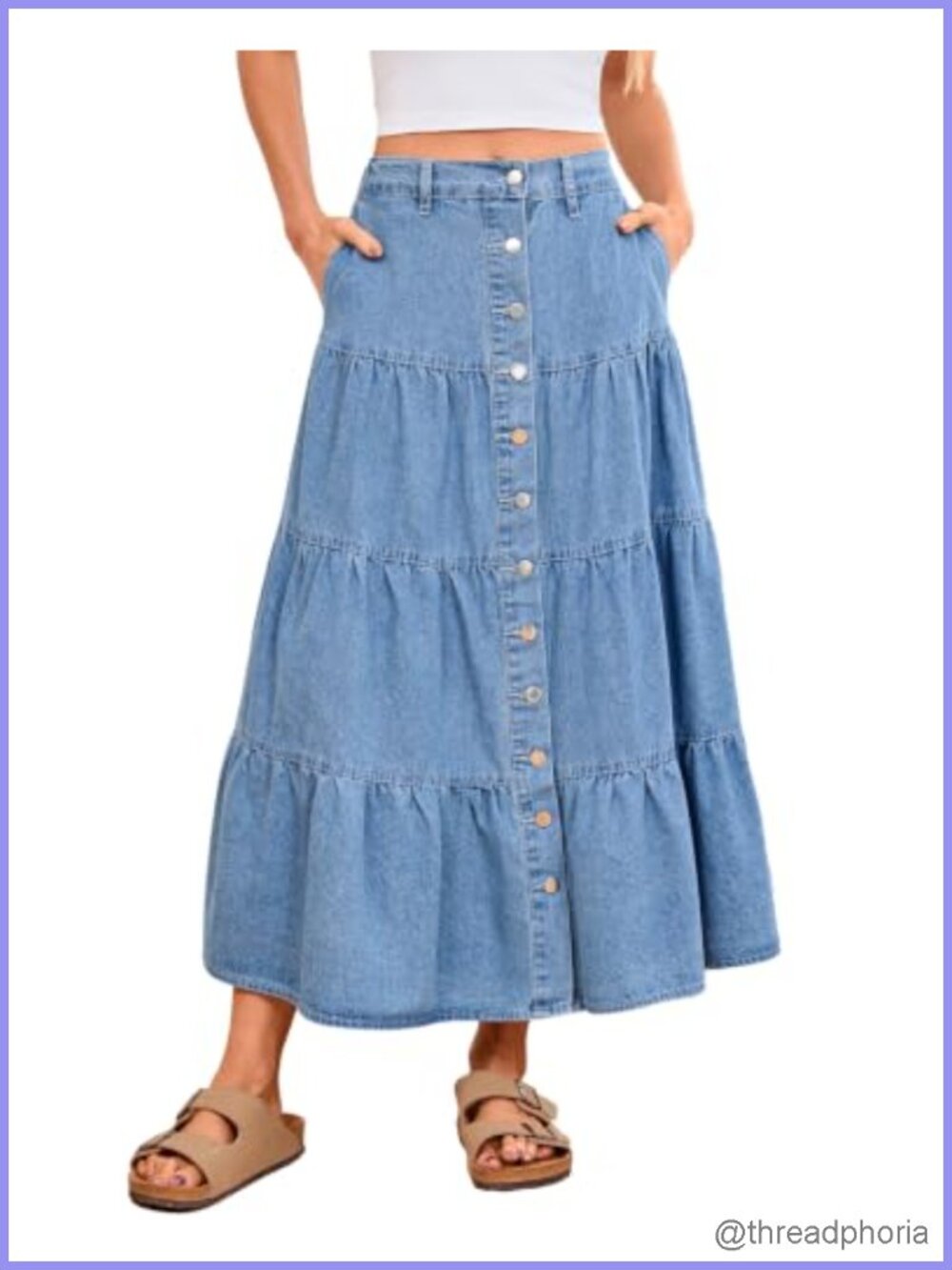 Denim Maxi Skirt Tiered Flowy Long Jean Skirt Pockets